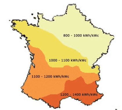 Estimation de la puissance du gisement solaire en France (par PVGIS)